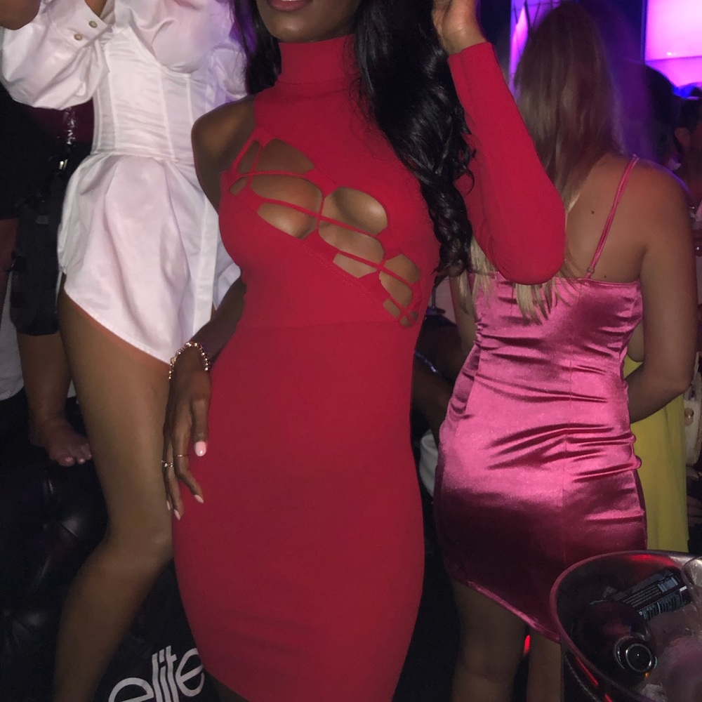 Red One Shoulder Asymmetric Lace Up Bodycon Dress